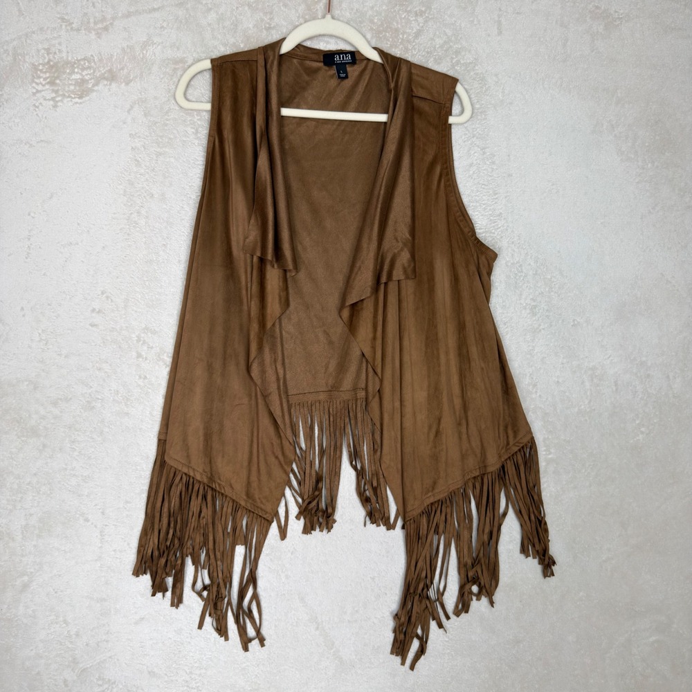 ANA Brown Faux Suede Fringe Open Front Vest Western Boho Festival Hippie Large